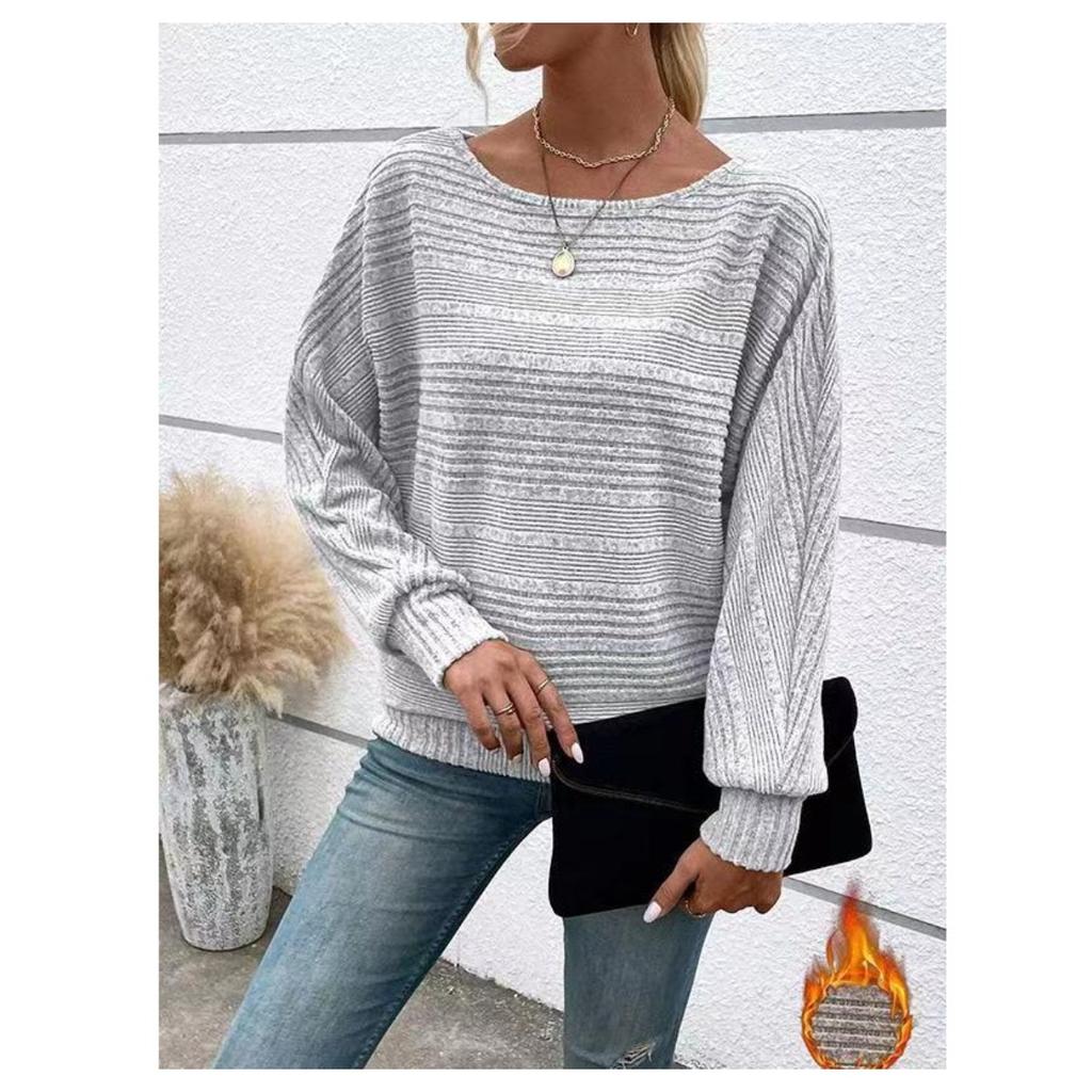 Herbst und Winter Bequemes Lässiges Einfarbiges Langärmeliges Rundhals Patchwork Pullover Top T-Shirt für Damen