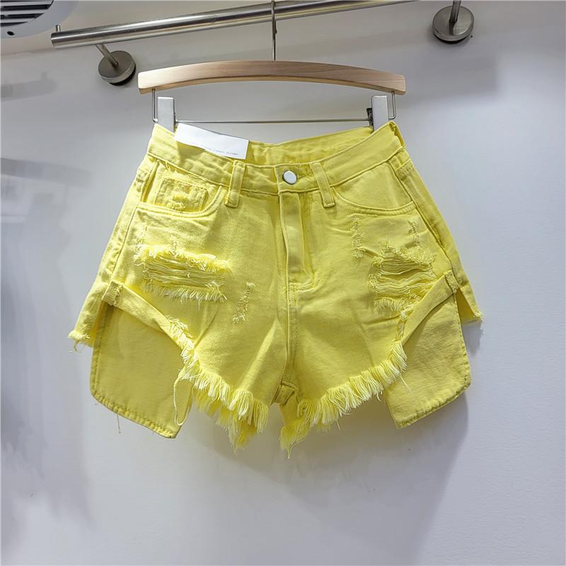 European Station Summer New Beggar Ripped Denim Shorts Women's High Waist Skinny Spice Girls A-word Burr Hot Pants