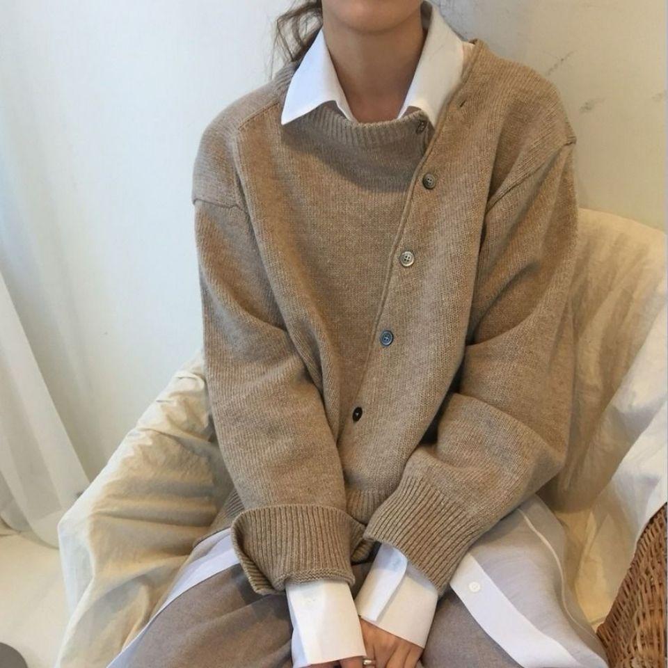 Women's Autumn Winter Sweater with Oblique Buttons and Irregular Design, Cardigan, Knitted Jacket