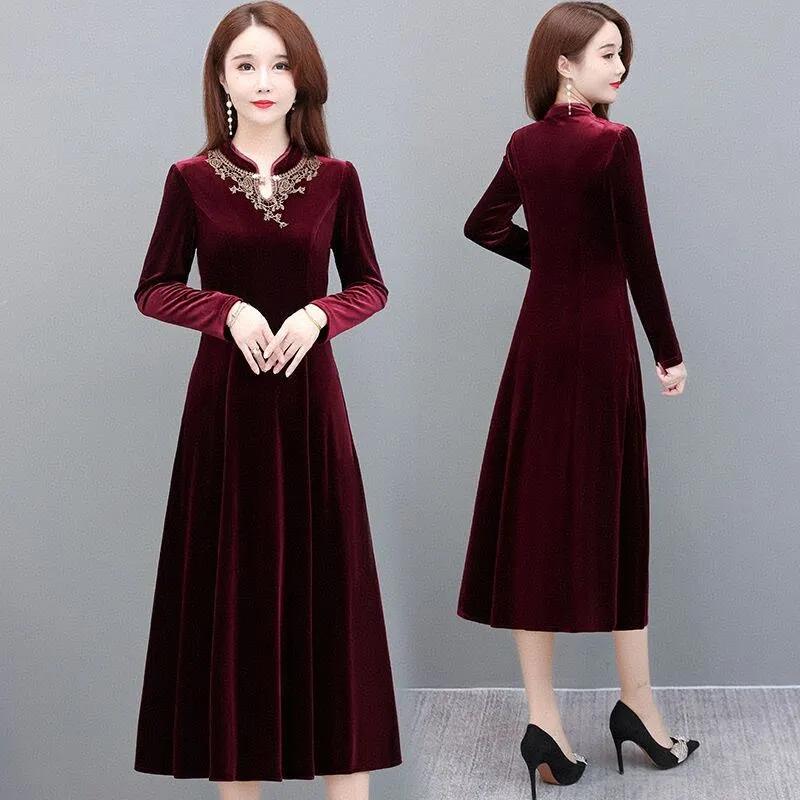 Women Autumn Winter Velvet Dress Lady Long Sleeve Party Velour Dress Casual A-Line Elegant Mid Long Dresses