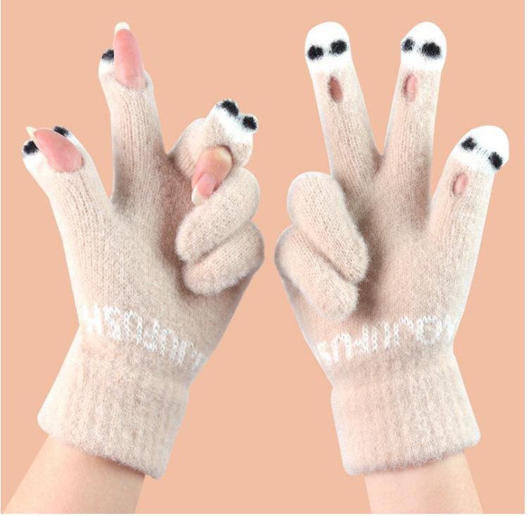 Kampffisch Strickhandschuhe: Herbst/Winter, Touchscreen, Niedlicher Studentenstil, Drei-Finger-freies Design