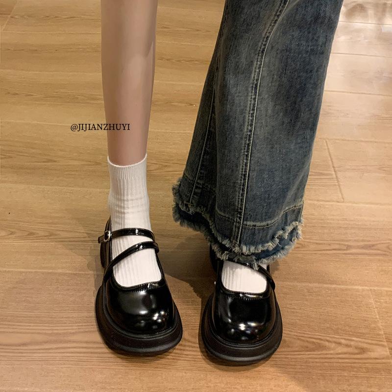 

JK brown round head platform small leather shoes women s 2025 new spring retro British style Japanese Mary Jane single shoes women 35 чёрный