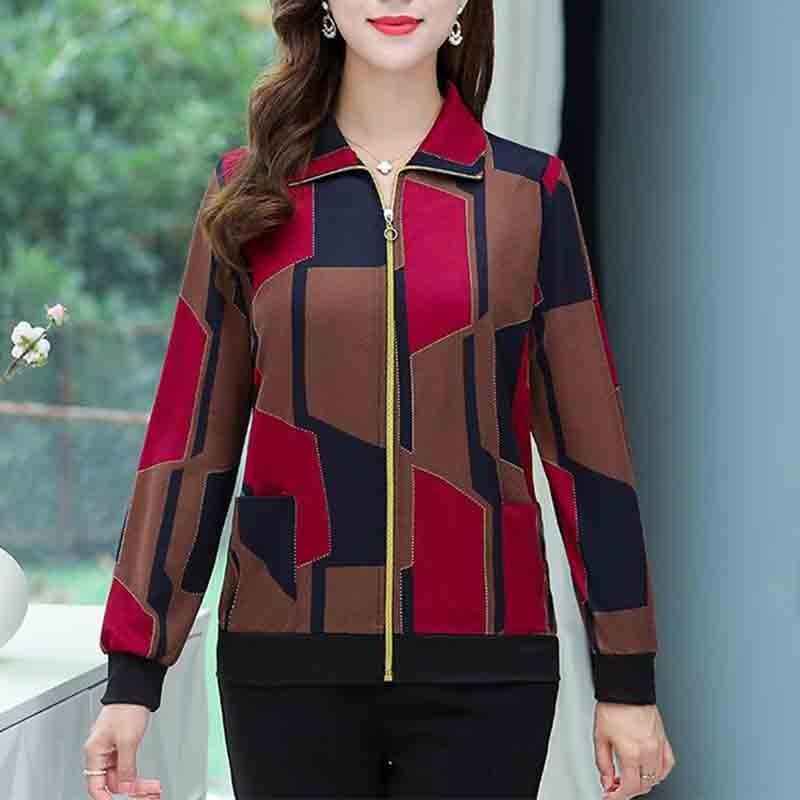 Autunno Inverno Nuovo Cappotto Corto Donna Anziana di Mezza Età Stampa Rever Tasca con Cerniera Manica Lunga Sottile Ampio Versatile Giacca Top
