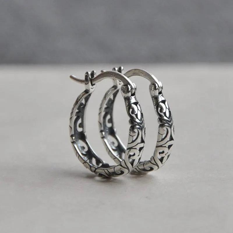 Silver-Plated Hand-Carved Pattern Circle Dangle Earrings for Women Retro Exaggerated Hypoallergenic Earrings Fashion Jewelry