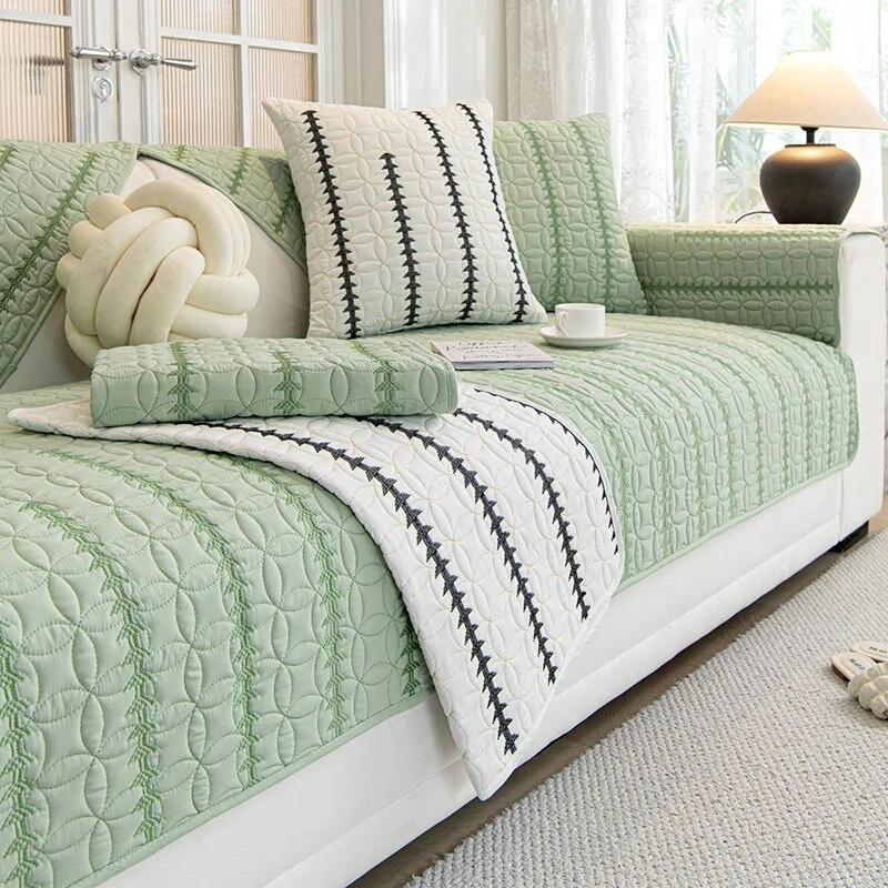 Washed Cotton Embroidered Stripe Sofa Mat Living Room Universal Sofa Slipcover Non-Slip Solid Color Couch Cushion Backrest Towel