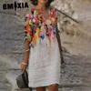 Sommerdruck Lose Bambusfaser Hanf Blumen Kurzarm Damen Vintage Literarisch Rundhals Fünfviertelärmel