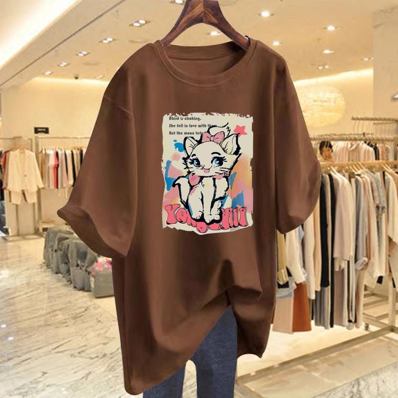 

2025 Summer Cartoon Cat Loose Lazy Large Size Short Sleeve Medium and Long Versatile Cotton Casual T-Shirt Women s Top XXXL