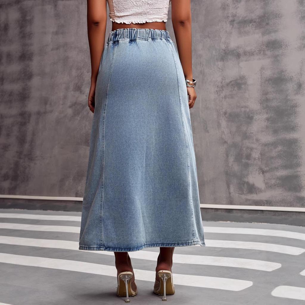 Retro European-American Women's Washed Denim Summer Skirt with Drawstring Waist
