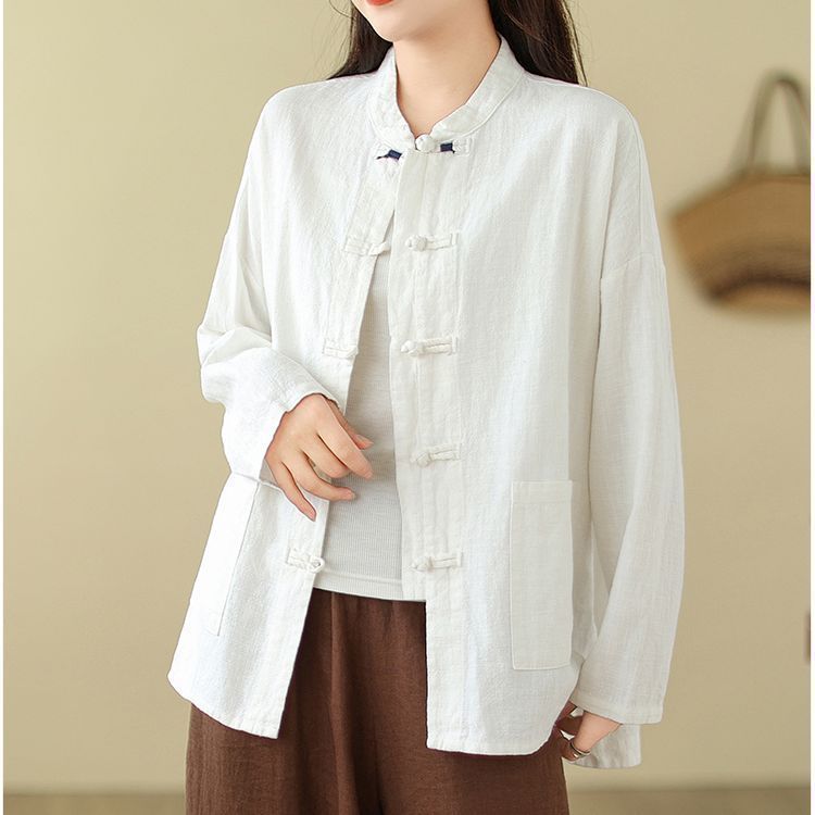 Loose Cotton Linen Chinese Style Women s Literary Retro Long-sleeved Shirt Hanfu Suit M