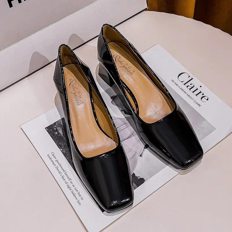 Fashion Thick Heel Square Head Patent Leather Single Shoes 2024 Spring Autumn Medium Heel Black High Heels Commuter Women's Shoes