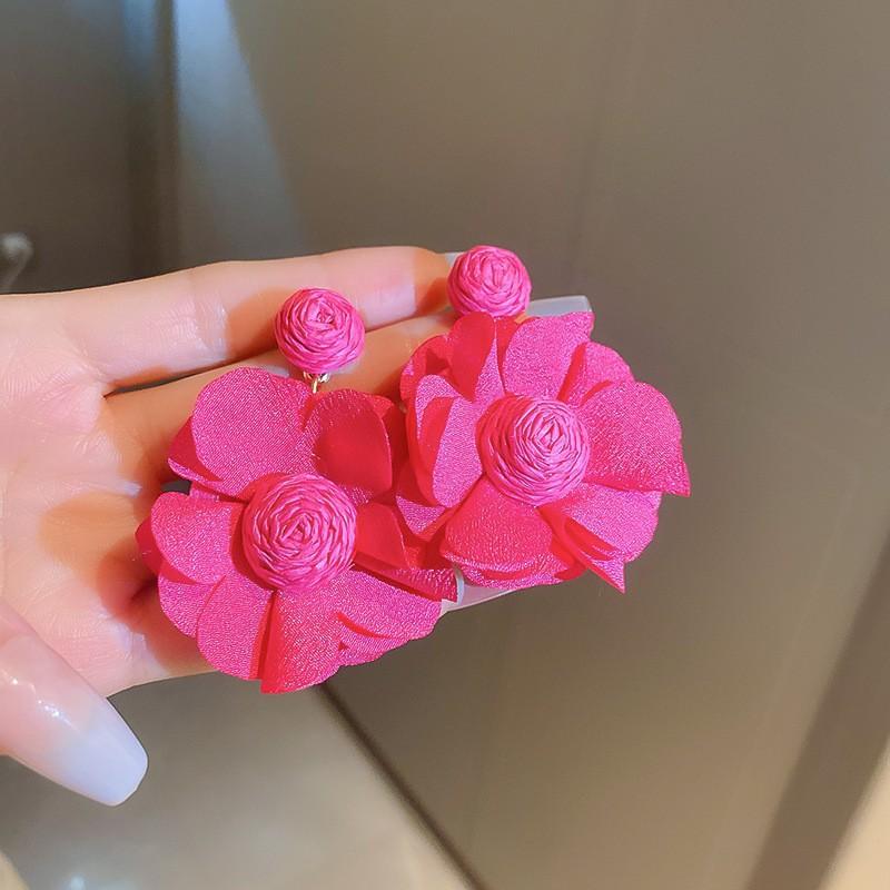 Silver Needle Pink Flower Fringed Vacation Style Earrings Summer Sweet Delicate Stud Earrings Small Fresh Design Earrings Women