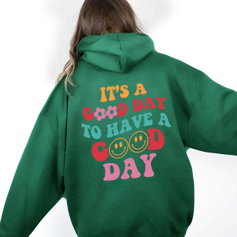 Plus Velvet Sweatshirt with Back Letter Print & Kangaroo Pocket