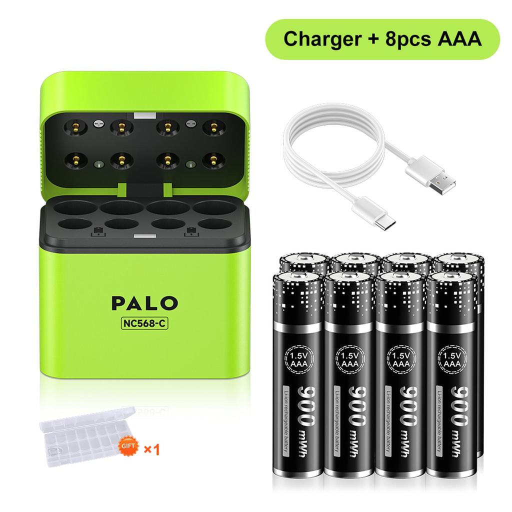 PALO Pilhas Recarregáveis AA e AAA de Íon de Lítio 3400mWh 1.5V com Carregador Magnético Flip de 8 canais para Pilhas de Lítio 1.5V 2A 3A