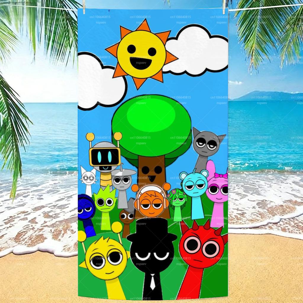 1PC Sprunki Incredibox Beach Towel, Sunny Cartoon Character Bath Towel, Soft Microfiber Pool Towel for Kids & Fans, Summer Beach W40*H60(CM)