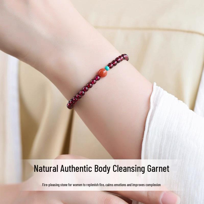 Women's Garnet & Amber Nan Hong Bracelet - Wine Red Crystal for Wealth & Luck with Millet Beads
