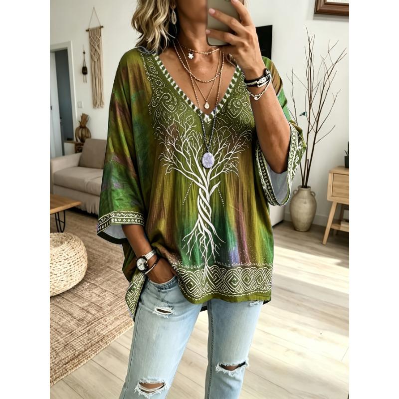 Plus Size Women's Vintage Tree of Life Art Print Casual Top