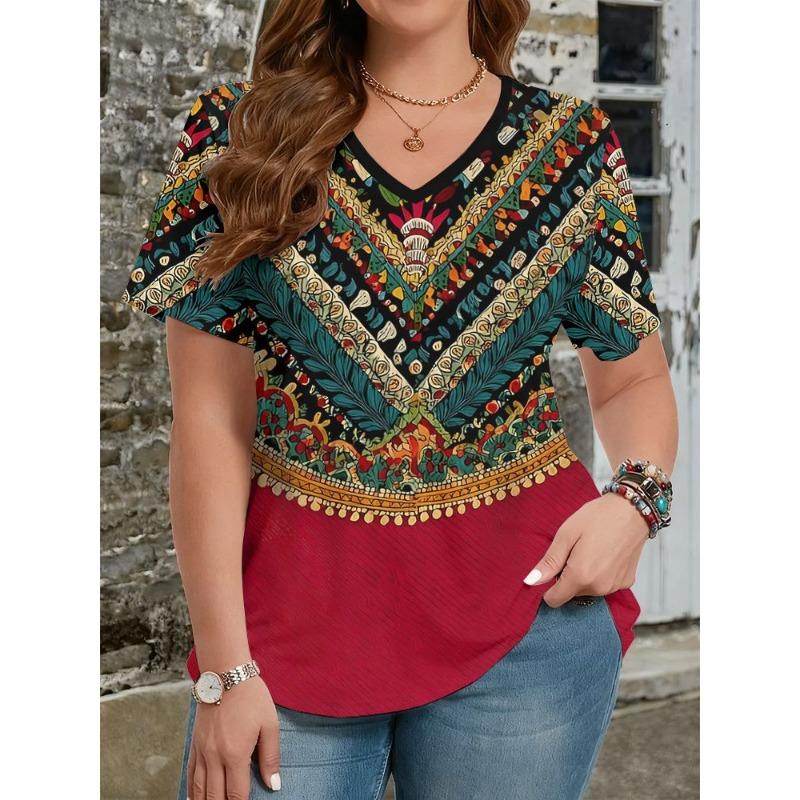 Summer Ethnic Style Floral 3D Print T-Shirts Women's V-Neck Short Sleeve T Shirt Y2k Harajuku Tees Casual Tops Female Clothing