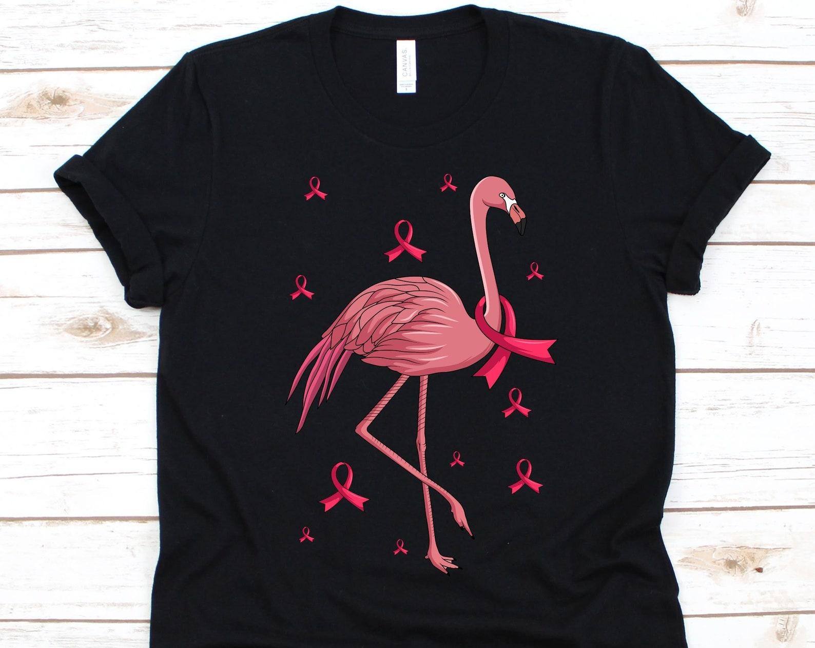 Pink Flamingo Wearing Pink Ribbon Shirt, Breast Cancer Awareness, Breast Cancer Fighter, Pink Ribbon Graphic, Pink Flamingo, Flamingo Design L