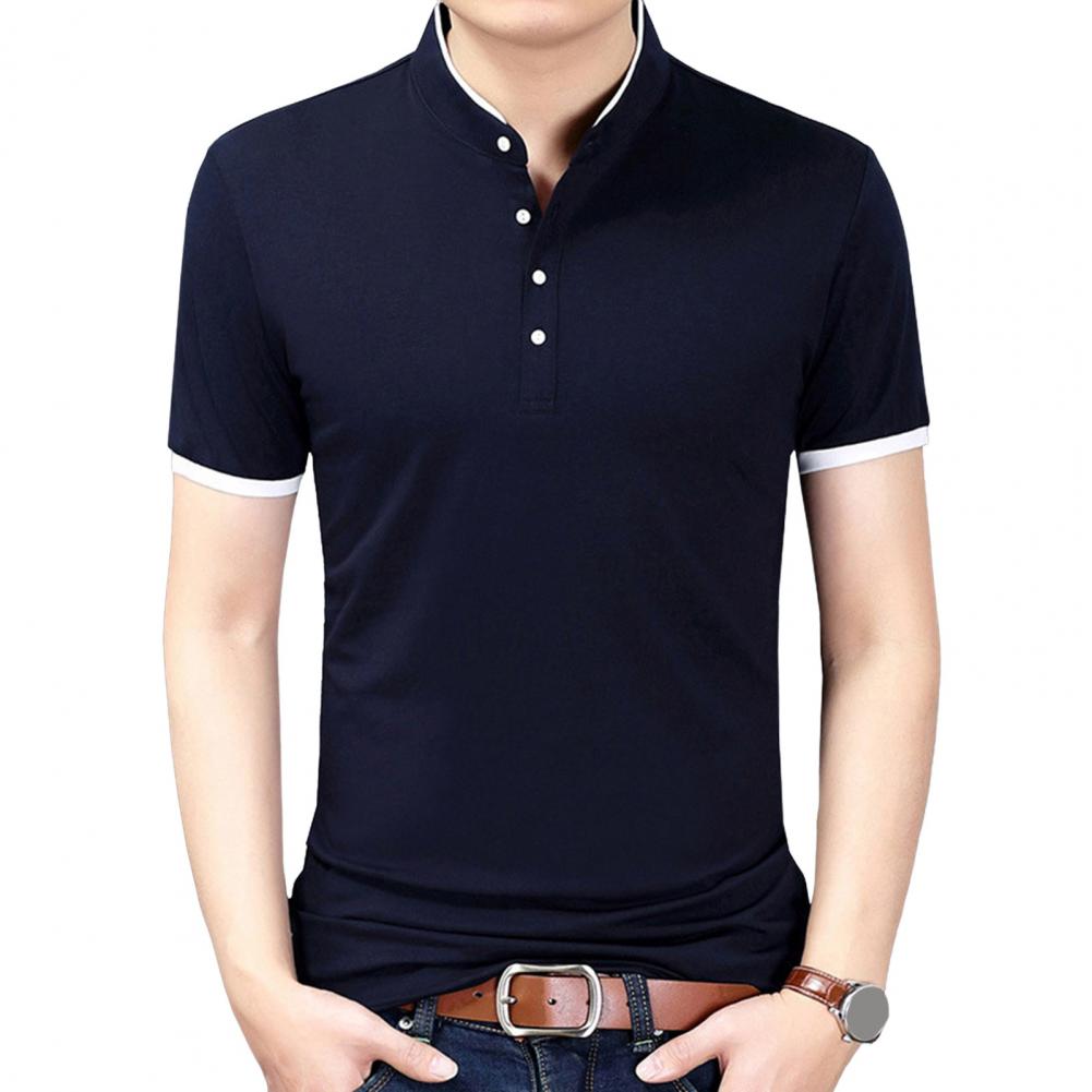 Summer Men Shirt Stand Collar Slim Fit Short Sleeves Solid Color Plus Size Buttoned Thin Pullover Formal Business Style Office T