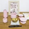 Mini 7-Piece Buddhist Altar Set: Orin (Buddhist Bell), Incense Burner, Incense Ash, Candle Holder, Vase, Teacup, and Offering Stand (Pink)