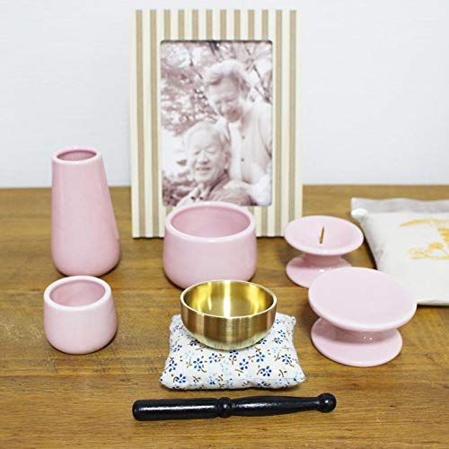 Mini 7-Piece Buddhist Altar Set: Orin (Buddhist Bell), Incense Burner, Incense Ash, Candle Holder, Vase, Teacup, and Offering Stand (Pink)