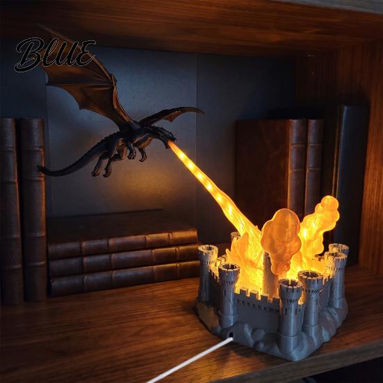 Dragon Themed Room Decorations 3D Printed Flame Lamp with Castle Base Fantasy Desk Light for Bedroom Gaming Night Kids and Bookshelf Decor,