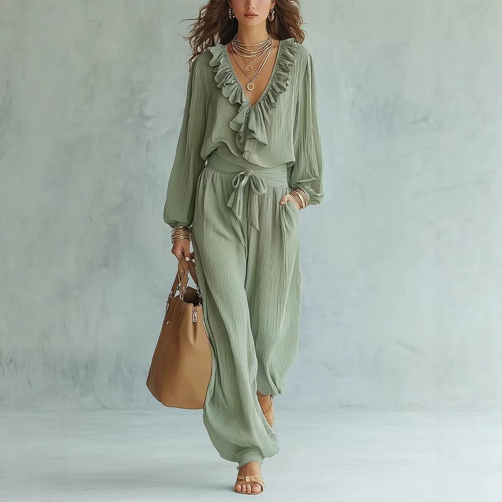 Tuta da donna con scollo a V, maniche lunghe, volant, vita alta, cintura da annodare, caviglie con polsini, per uso casual quotidiano