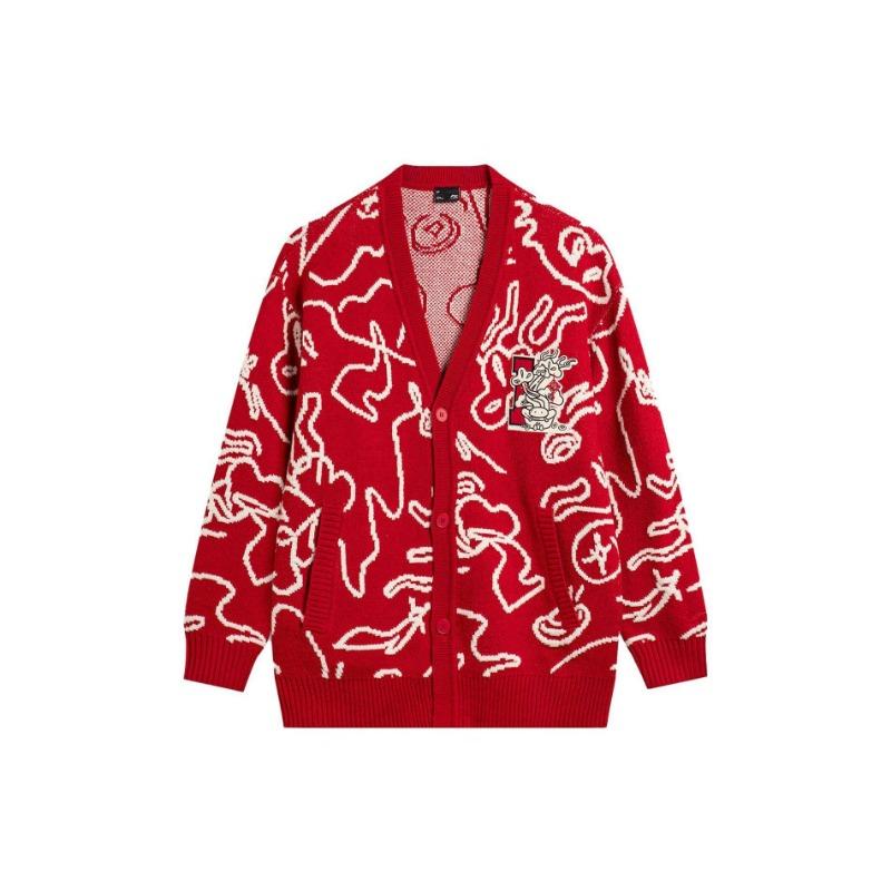 Li Ning Cny Serie Wanshi Qingsong Motivo Logo Ricamato Maglione Lavorato a Maglia a Maniche Lunghe con Scollo a V Unisex Maglione Rosso Agata AMBU245-1