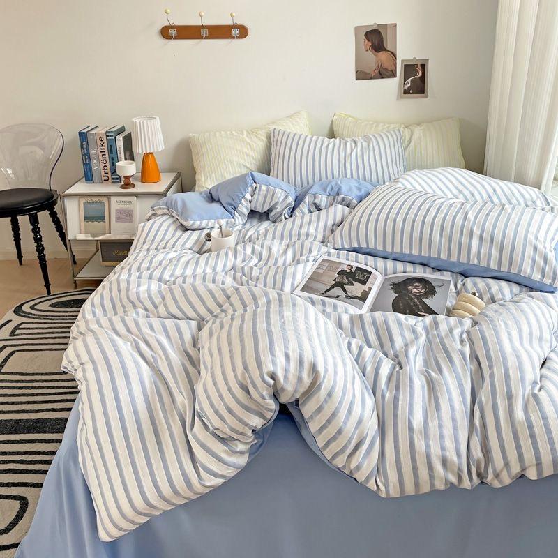 Ins Style Bedding Set Duvet Cover  Wash Cotton Stripe Summer Soft Cool Summer Bed Sheet Set Comforter Set Quilt Cover
