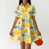 Women's Casual Loose Fit Shirt Dress Button Front Stand Collar Hawaiian Print Short Sleeve Summer Dress
