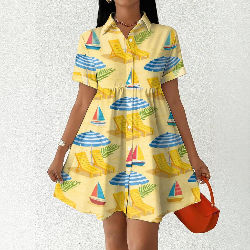 Women's Casual Loose Fit Shirt Dress Button Front Stand Collar Hawaiian Print Short Sleeve Summer Dress