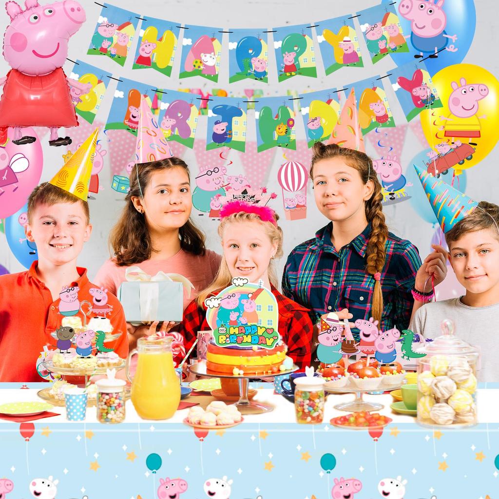 35Pcs Cartoon Party Decorations Set, Cartoon Birthday Party Supplies-Cartoon Birthday Decors Banners Tablecloth Spirals&Cartoon Balloons Cake Toppers