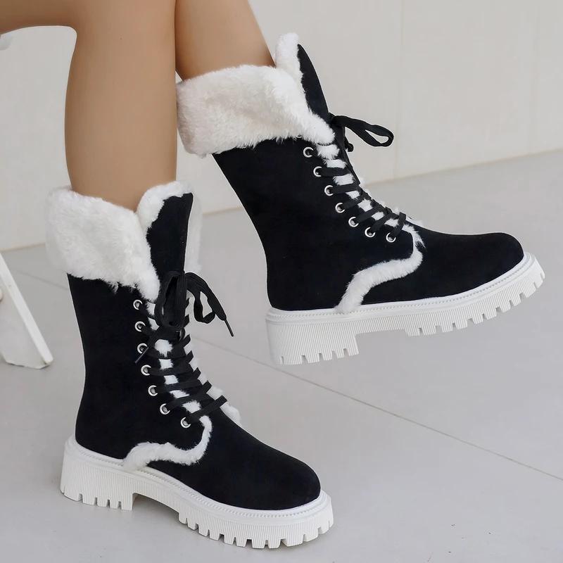 Women Winter Platform Faux Fur Ankle Boots Women Mid-Calf Lace-Up Thicken Plush  Warm Snow Boots Thickened Cotton Women Shoes