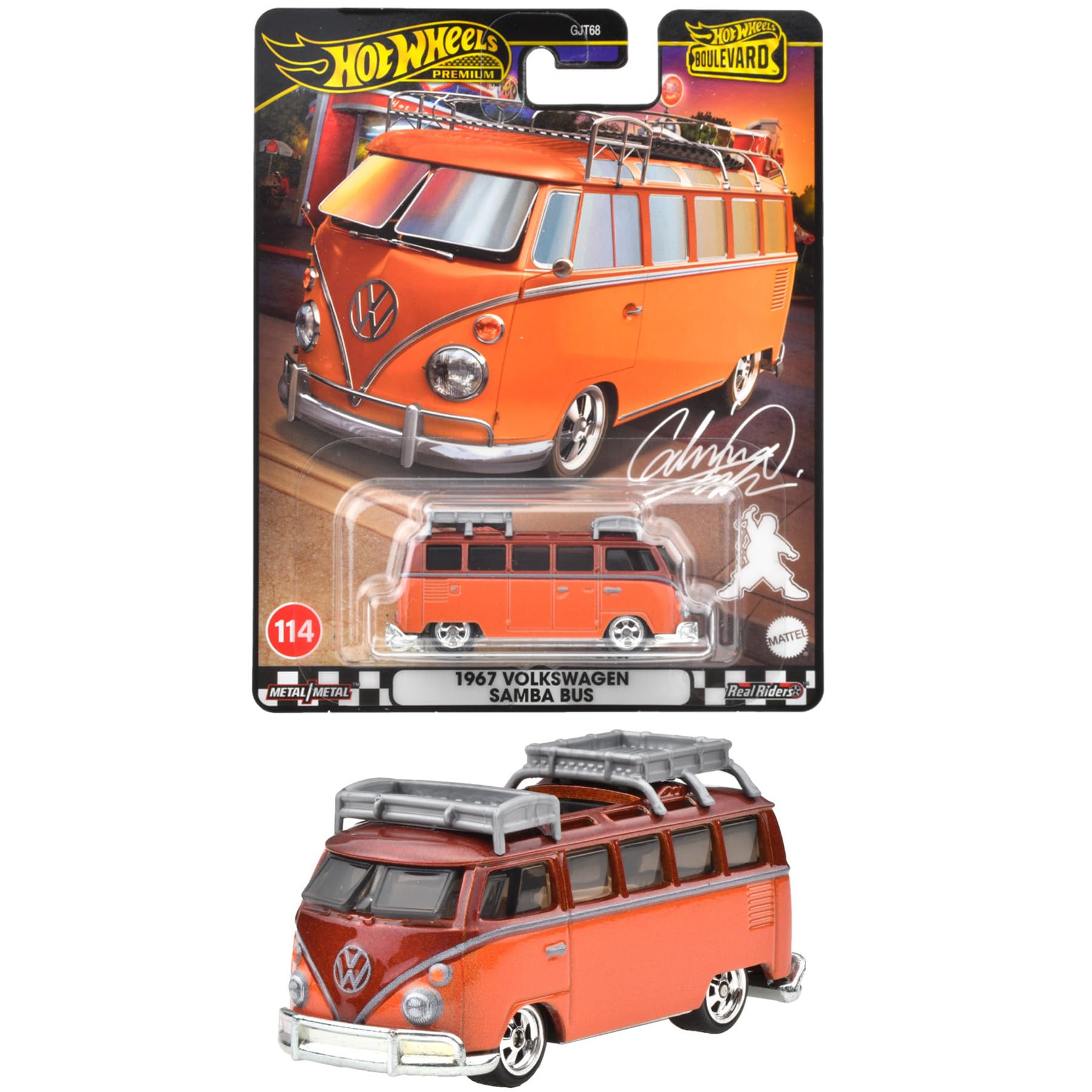

Hot Wheels Boulevard 67 Volkswagen Samba Bus Ride-On Toy Diecast Car, Orange, for Ages 3 and Up, HRT62