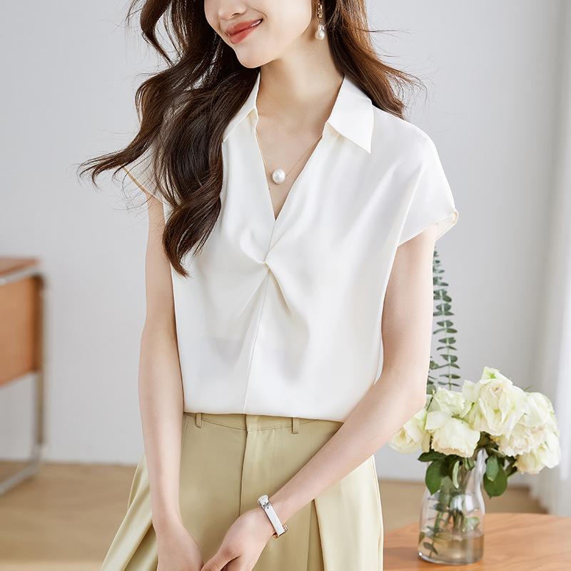 Camicia da donna estiva 2025 in stile francese a maniche corte con design a catena di perle ritorte