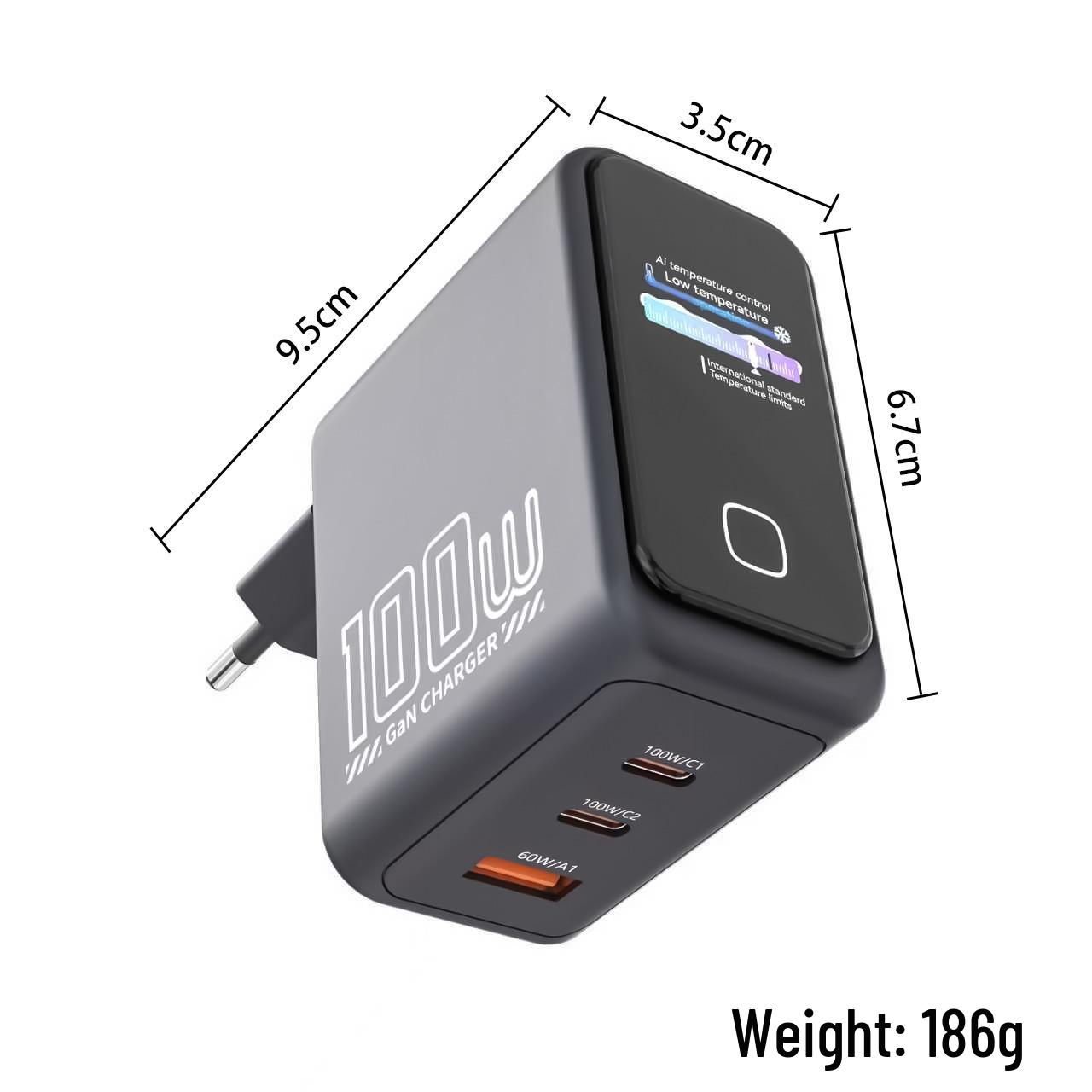 

100W GaN Charger with AI Digital Display, Temperature Control, Multi-Port Fast Charging for Apple & Huawei Phones Bare Package
