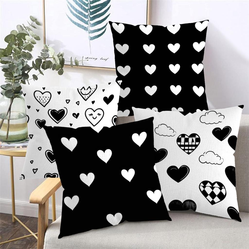 2D Flat Printing Black And White Heart Pattern Decorative Throw Pillows Polyester Pillowcase, Sofa Decorative Cushion Cov