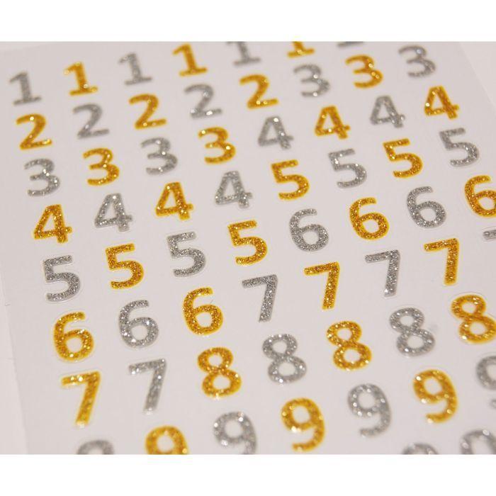 63 Number Stickers - Gold and Silver Glitter - 0.7 Cm