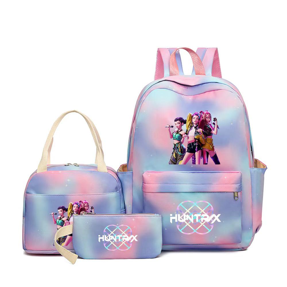 KPOP Dämonenjägerin Girlgroup Rucksack, Brotdose & Federmäppchen Set - Anime Schultasche & Bento Box Kombi