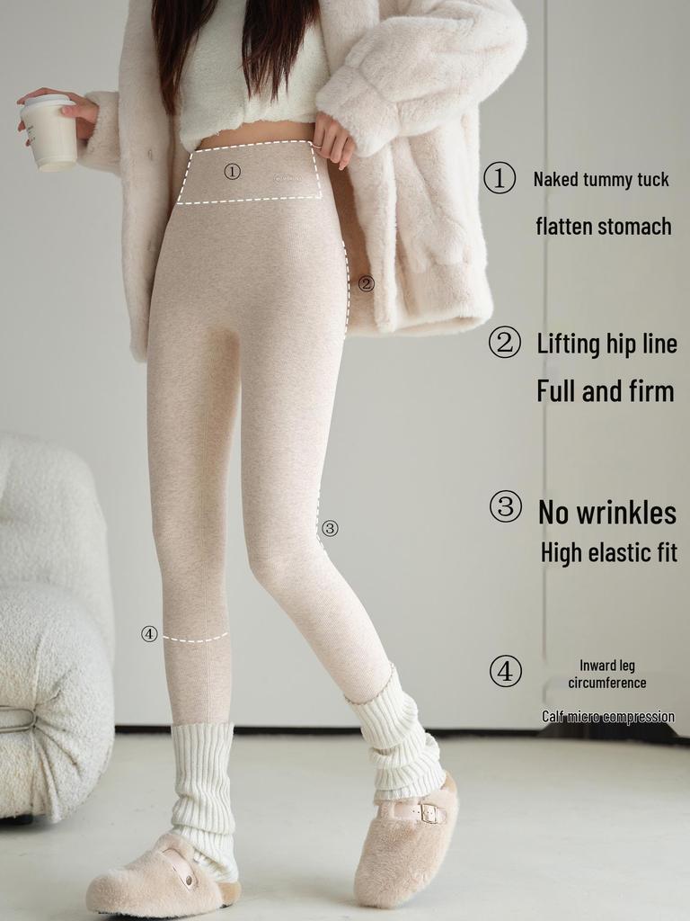 High Waist Warm Fleece-Lined Leggings - Vertical Stripe, Matte, Slimming Cotton for Autumn/Winter