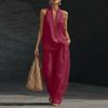 Womens Neck Sleeveless Loose Fit Two Piece Outfit Casual Wide Leg Pants Set Lightweight Fabric Suit