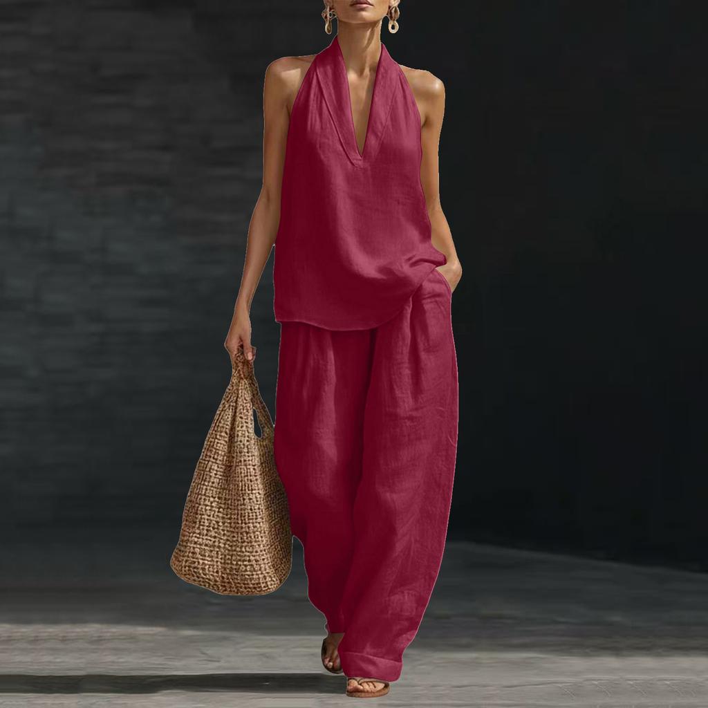 Womens Neck Sleeveless Loose Fit Two Piece Outfit Casual Wide Leg Pants Set Lightweight Fabric Suit