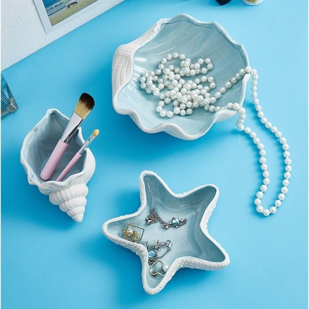 Decorative Tray Coastal Ceramic Trinket Dish Starfish Conch Sea Shells Ceramic Tray Craft Ornament Jewelry Key Organizer