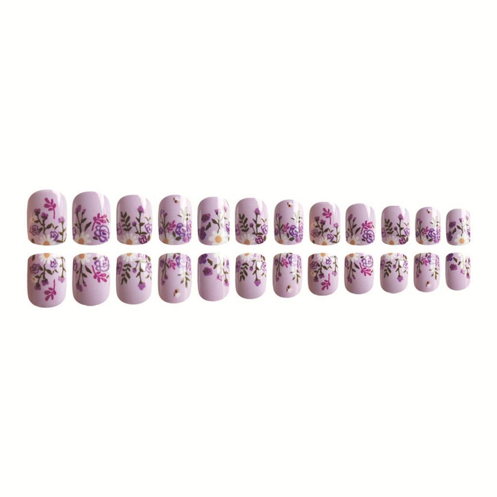 24 Stück Lila Künstliche Nägel Kurz Quadratisch Vollabdeckung Falsche Nägel Glänzend Aufklebbare Nägel Blumen Aufpressnägel