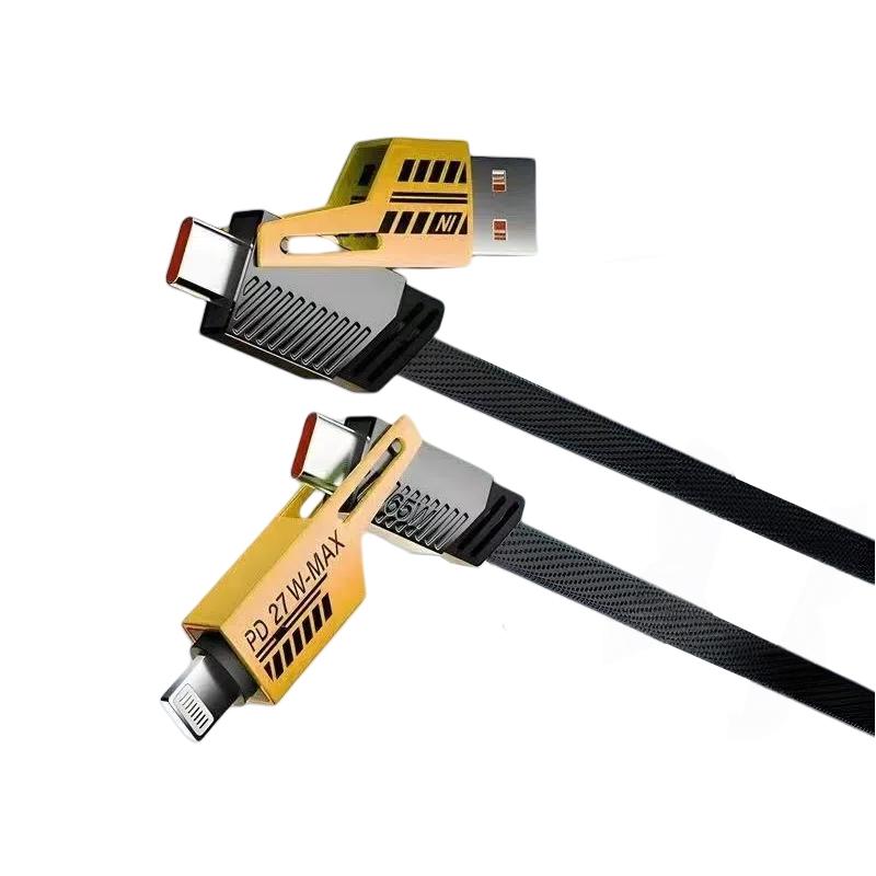 CE Nylon Braided Alloy 4 in 1 Fast Charging PD27W 65W USB Charging Data Cable Wire Cord Cable for iPhone Samsung Android Type-C 1 meter чёрный