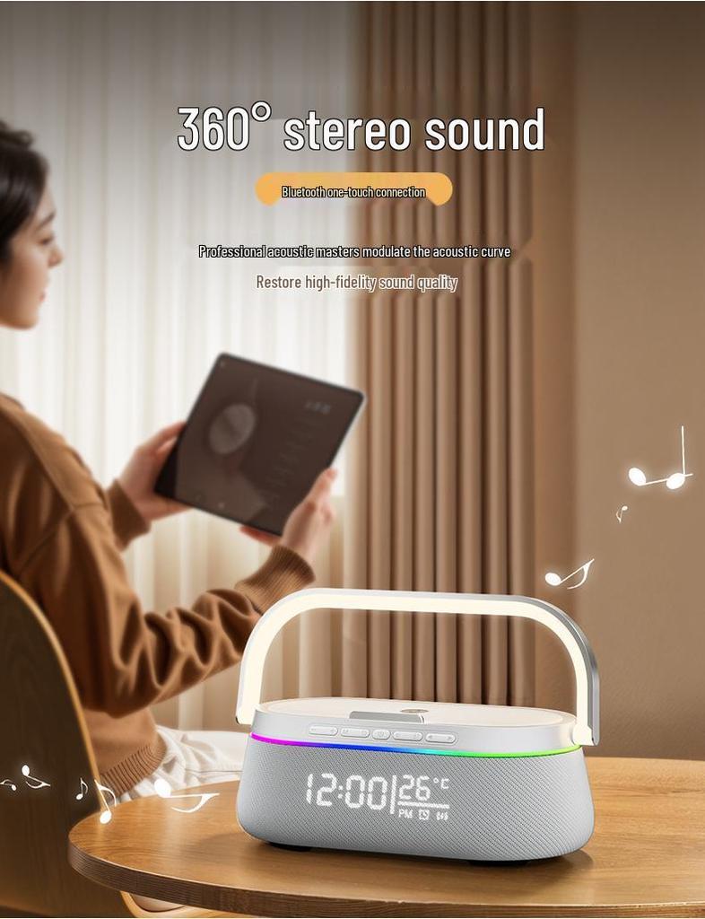 Multifunction Wireless Bluetooth Speaker with Charging, Desktop Clock, Alarm, Subwoofer, Night Light, and Stand
