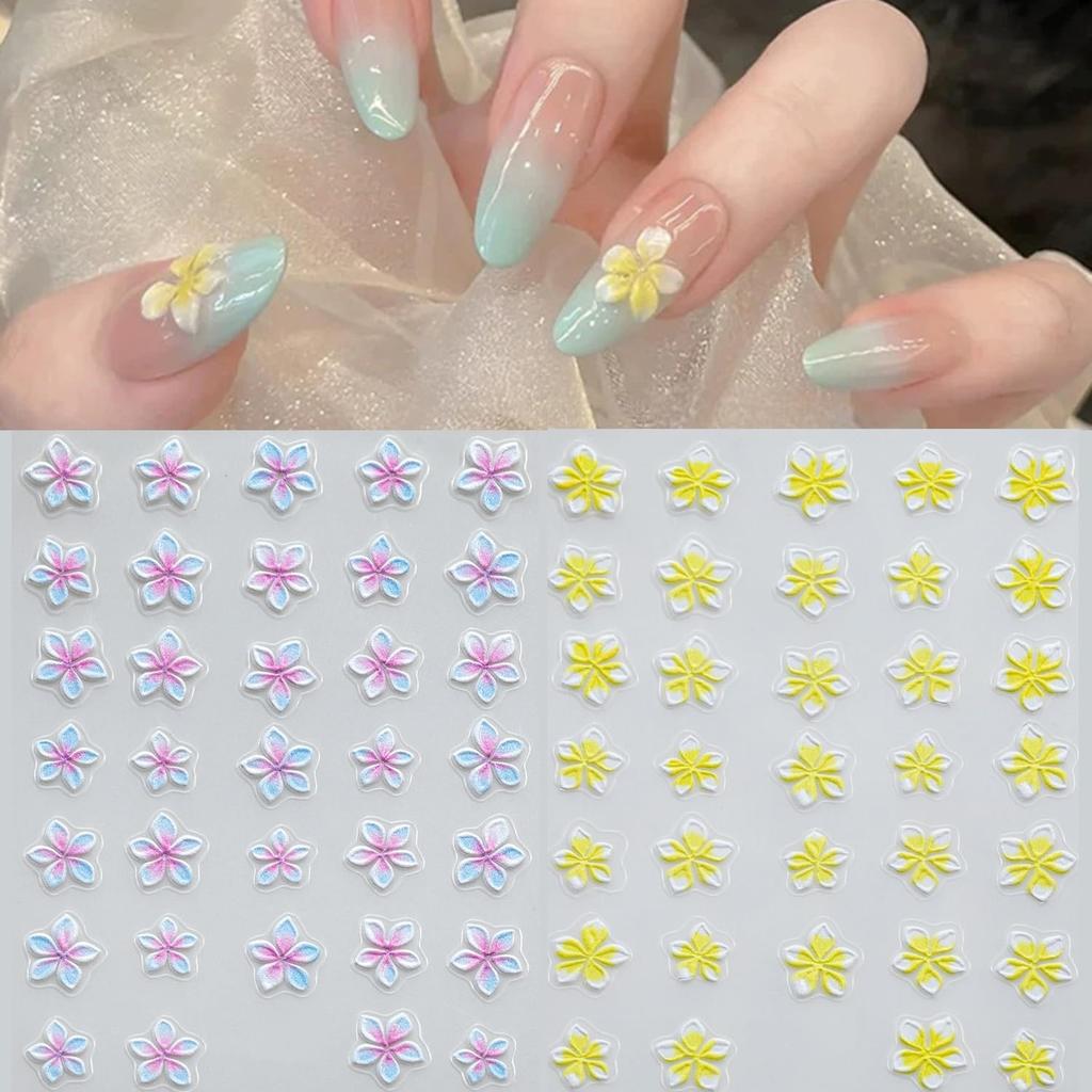 S.A.V.I 2 Sheets - 3D Floral Nail Art Stickers Yellow & Pink Blue Flower Design, Self Adhesive Resin Decals, Glossy Raised Decoration for Gel Acryl