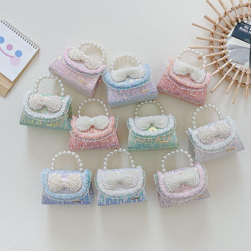 Kids Fashion Bag Cute Bowknot Side Crossbody Bags For Girls Pearl Tote Hand Bag Baby Messenger Bags Toddler Purse