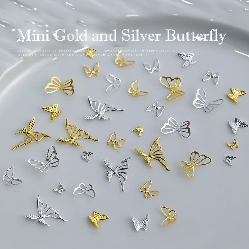 50 Pièces Alliage Creux Papillon Décoration Nail Art Or Argent Métal Charms Papillon pour Ongles DIY Saint-Valentin Pièces Papillon