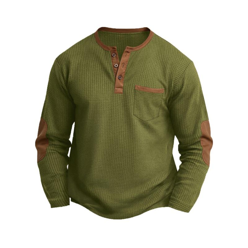 Men's Waffle Knit Henley Long Sleeve Shirt Contrast Leather Patch Pocket Elbow Patch Casual Top